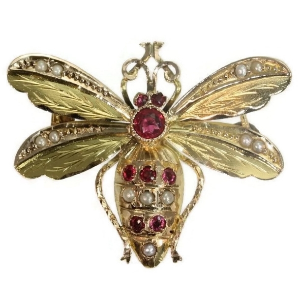 Antique insect brooch gold with rubies and pearls bejeweled bumble bee
